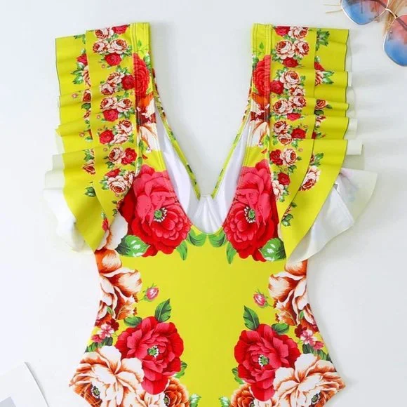 Callie Chartreuse: Red Peony Floral Print Ruffle Cap Sleeve Retro Swimsuit - Picture 15 of 17